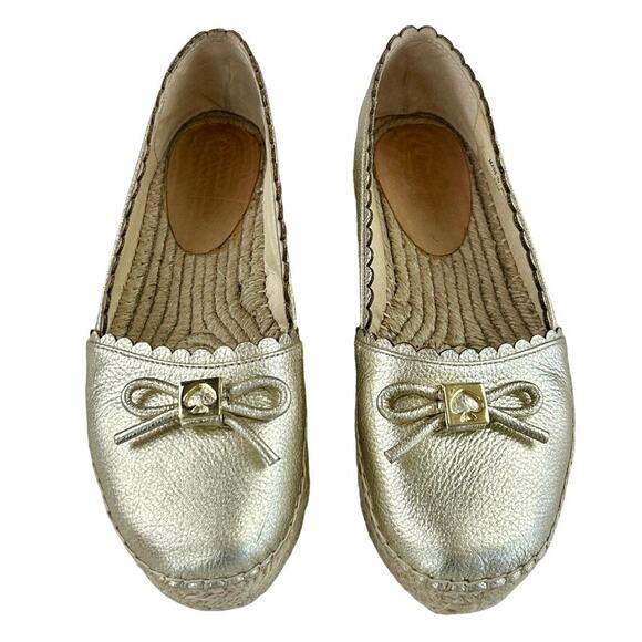 Kate Spade Gold Platform Bow Logo Leather Espadrille Sz 7.5 EUC MSRP $198 - Picture 3 of 8
